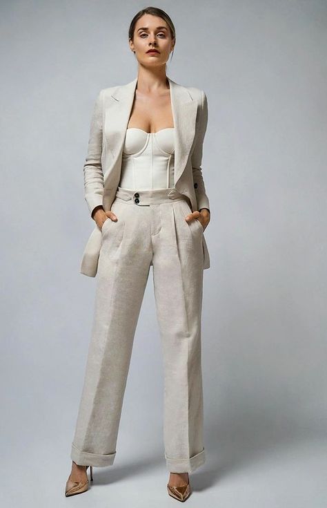 Blazer Set Outfit, Women Wedding Suit, Linen Suits Women, Ivory Outfit, Low Waisted Pants, Fashionable Work Outfit, Corset Outfit, Woman Suit Fashion, Suit Fashion