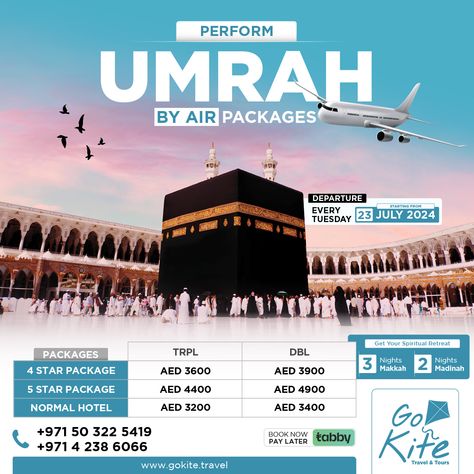 Experience the spiritual journey of Umrah with Go Kite Travel's comprehensive packages! Whether you prefer the comfort of air travel or the scenic route by bus, we've got you covered. Our packages include luxurious accommodations, seamless logistics, and dedicated support, ensuring your pilgrimage is filled with peace and tranquility. Book your Umrah journey today and let us guide you through this spiritual experience. ✈️🚌 Umrah Creative Ads, Travel Advertising Design, Tourism Design, Umrah Package, Travel Dubai, Travel Creative, Travel Advertising, Travel Picture Ideas, Spiritual Retreat