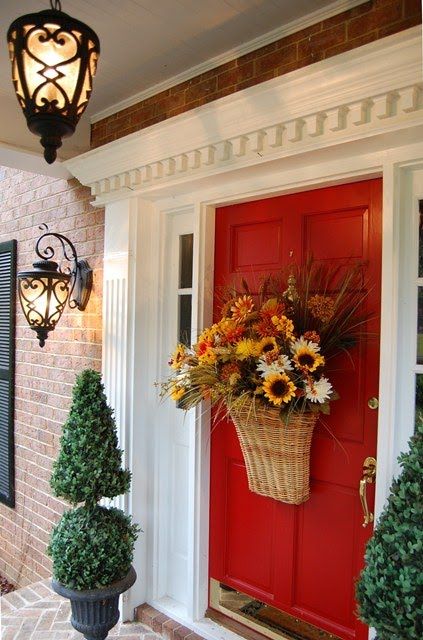 Welcome Fall with an Autumn basket for your front door!   http://betweennapsontheporch.net Front Porch Addition, Wreath Inspiration, Red Front Door, Wood Exterior Door, Wood Interior Design, Fall Door Hangers, Painted Front Doors, Front Door Colors, Fall Decorations Porch