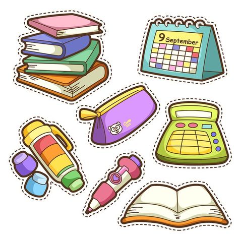 School set. set of different school item... | Premium Vector #Freepik #vector #calendar #school #baby #education Back To School Pictures, Penanda Buku, School Tool, School Clipart, School Sets, School Stickers, School Pictures, Kawaii Doodles, Kawaii Drawings