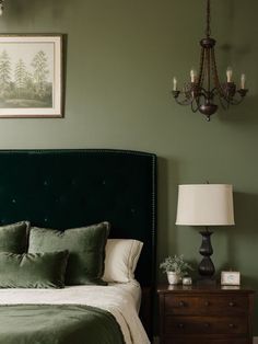 Forest Green Velvet Bed, Dark Green Upholstered Bed, Velvet Green Bed Frame, Dark Green Velvet Headboard, Olive Green Bedroom Panelling, Vintage Green Bedroom Ideas, Dark Green Master Bed, Dark Green Velvet Bed, Dark Green Bed Frame