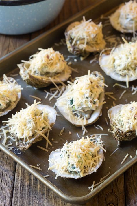 Three-Cheese Baked Oysters Recipe - A Spicy Perspective Baked Oyster Recipes, Baked Oysters, Grilled Oysters, Oysters Rockefeller, Salad Inspiration, A Spicy Perspective, Oyster Recipes, Fried Oysters, Cheese Baked