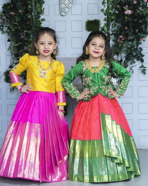 Long Frocks For Kids, Langa Blouse, Cotton Frocks For Kids, Pattu Langa, Kids Party Wear Dresses, Pattu Pavadai, Kids Dress Collection, Kids Blouse Designs, Baby Frock Pattern