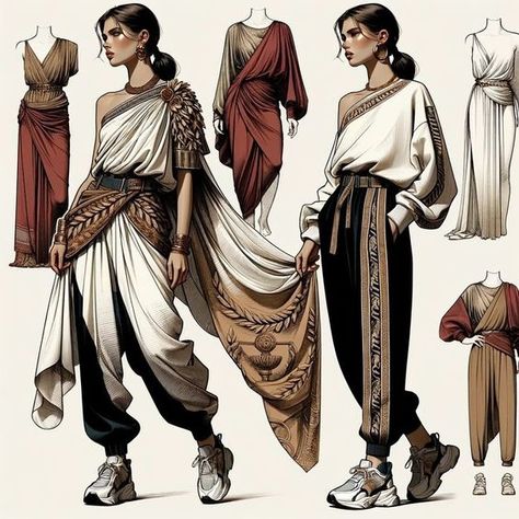 Greek Style Fashion, Greek Inspired Clothes, Greek Outfit Inspiration, Ancient Roman Inspired Fashion, Greek Outfit Women, Roman Inspired Outfits, Modern Greek Clothing, Modern Ancient Greek Fashion, Egyptian Clothing Women Modern