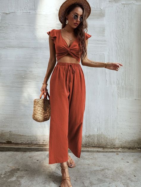 Ruffle Trim Twist Top With Pants | SHEIN USA How To Have Style, Top With Pants, Europe Outfits, Cropped Pants Women, Italy Outfits, Shein Outfits, Mode Boho, Twist Top, Co Ords