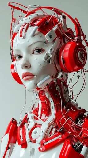 ↑↑↑ Larger size on website 🔸 A humanoid robot with a white face and red robotic parts is wearing red headphones. The robot has a Robot Fashion Design, Robot Humanoid, Robot Fashion, Red Headphones, Wearable Robots, Futuristic Clothing, Red Robot, Robot Parts, Humanoid Robot