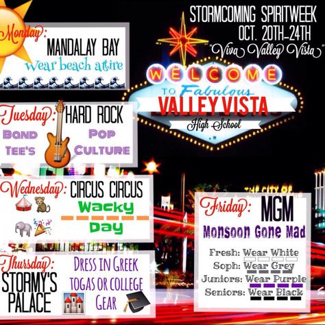 Vegas themed homecoming spirit week theme #schooleventdress #school #event #dress Vegas Homecoming Theme, Spirit Week Themes, Spirit Day Ideas, Rally Idea, Homecoming Spirit Week, Homecoming Themes, School Spirit Week, School Spirit Days, Spirit Days