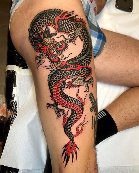 Dragon Tattoo | Tattoo Ideas and Inspiration Traditional Tattoo Dragon, Dragon Thigh Tattoo, Black Dragon Tattoo, Dragon Tattoo Ideas, Red Dragon Tattoo, Small Dragon Tattoos, Chinese Dragon Tattoos, Japanese Dragon Tattoo, Dragon Tattoo For Women