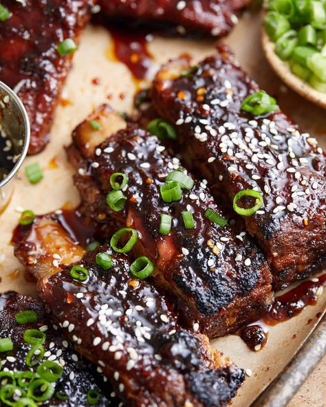 Sticky Asian Pork Ribs in the Oven - Bites with Bri Korean Sticky Ribs, Chinese Sticky Ribs Recipe, Asian Sticky Ribs, Sticky Asian Pork, Korean Pork Ribs, Sticky Asian Ribs, Asian Pork Ribs, Asian Ribs Recipe, Sticky Ribs Recipe