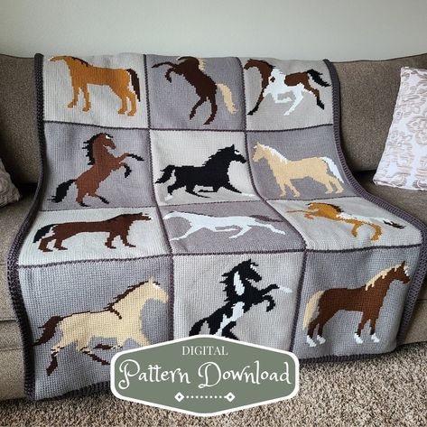 Pretty Little Horses Tunisian Crochet Blanket Digital - Etsy Canada Tunisian Crochet Blanket, Small Baby Blankets, Letto King Size, Baby Afghan Crochet Patterns, Crochet Horse, Tunisian Crochet Stitches, Baby Afghan Crochet, Horse Blankets, Baby Afghans