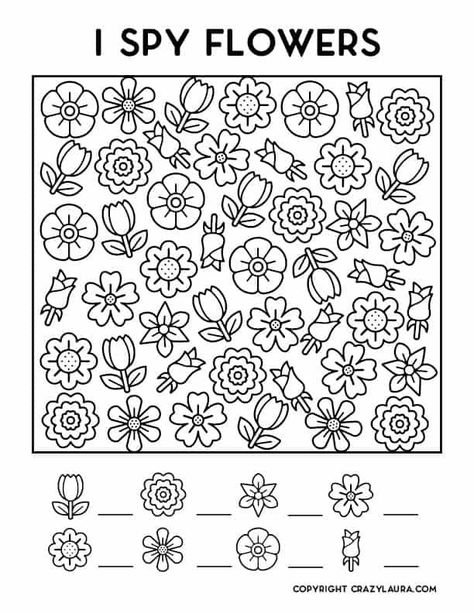 have some mess free fun with the kids this year! Check out these free flower I spy printables that include three different versions! I Spy Printable, Crazy Laura, Beginners Art, I Spy Games, Spring Coloring Pages, Paper Flower Crafts, Flower Craft, Printable Game, Hidden Pictures