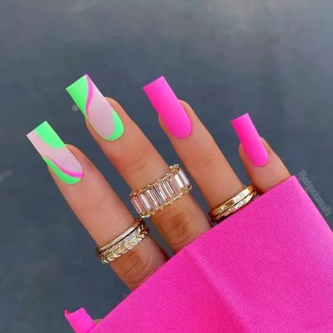 44+ Bright Nail Designs That Are Hot Right Now Pink Lime Green Nails, Lime Green Pink Nails, Short Lime Green Acrylic Nails, Pink And Lime Green Nails, Bright Nail Designs, Nail Business, Green Nail, Long Acrylic Nails Coffin, Acrylic Nails Coffin Pink