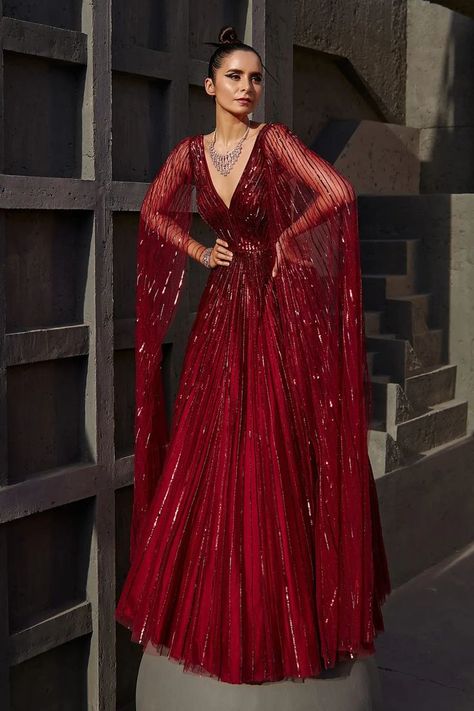 Wine Red Butterfly Net Sequin Embellished Gown with Attached Cape Sleeves Wine Gown, Engagement Dress For Bride, Baju Kahwin, Beautiful Frocks, Reception Gowns, Engagement Gowns, Net Gowns, Sangeet Outfit, Butterfly Net