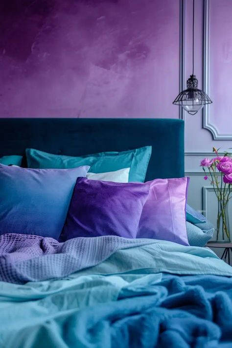 25 Chic Blue and Purple Bedroom Ideas for a Unique Sleep Space - Roomy Retreat Pink Purple Turquoise Bedroom, Purple Blue And Green Bedroom Ideas, Pink Purple Blue Bedroom, Purple Wall Painting Ideas Bedroom, Blue And Purple Bedroom Ideas, Purple And Green Bedroom Ideas, Turquoise Bedroom Ideas For Adults, Purple And Teal Bedroom, Teal And Purple Bedroom