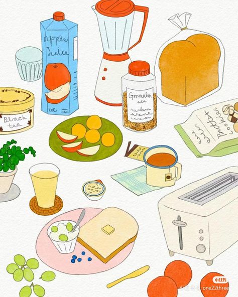 Menu Illustration Food, Breakfast Drawing, 90s Illustration, Breakfast Illustration, Bread Illustration, Cooking Illustration, Food Illust, Illustration Calendar, Menu Illustration