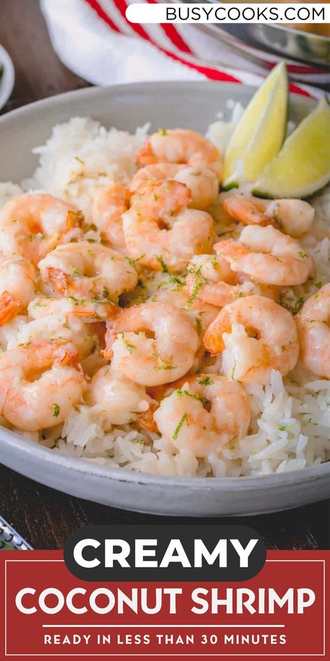 Make this savory, sweet coconut shrimp at home with simple ingredients and less than 30 minutes! It’s dairy-free and seriously satisfying! Creamy Coconut Shrimp, Steamed White Rice, Sauteed Shrimp, Frozen Shrimp, Canned Coconut Milk, Coconut Shrimp, How To Cook Shrimp, Fresh Lime, White Rice