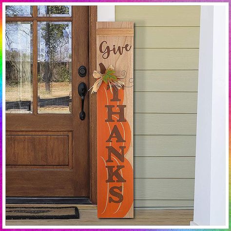 Glitzhome 42"H Thanksgiving Wooden Pumpkin Porch Sign Vertical Hanging Sign "Give THANKS" Porch D cor for Fall Harvest Thanksgiving Autumn Indoor Outdoor Decorations Hand Painted Fall Signs, Thanksgiving Outside Decor, Wood Painting Ideas Diy Wooden Signs Front Porch, Give Thanks Porch Sign, Thanksgiving Wooden Signs, Fall Door Signs Front Porches, Fall Porch Signs Diy, Front Porch Signs Wooden Diy, Vertical Wood Signs