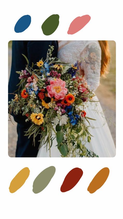 Fall Flower Inspiration, Early October Wedding Flowers, Red And Blue Wedding Theme Color Combos, Wedding Color September, Multi Color Fall Wedding, Jewel Tone Florals Wedding, Bright Bohemian Wedding, Red Blue Green Wedding Color Palettes, Bright Fall Wedding Florals