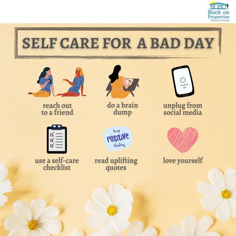 What do you do to look after yourself when you're having a bad day? ❤️‍🔥 SHARE, LIKE, and FOLLOW us at Rock On Properties Page and our other Social Media accounts. 🤗 #RockOnProperties #RealEstateInvestor #RestoringCommunities #WeBuyHouses #Arizonarealestate #investmentproperty #selfcare #Tips #loveyourself #mentalhealthmatters #mentalhealthawareness #mentalhealthtips #badmentalhealthday Selfcare Tips, Tuesday Tips, We Buy Houses, Mental Health Day, Social Media Accounts, Look After Yourself, Rock On, Mental Health Matters, Having A Bad Day