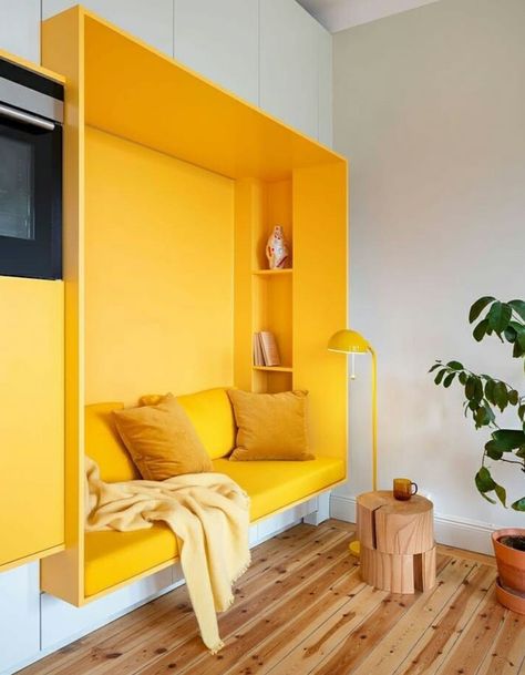 Built In Wall Units, Yellow Furniture, Yellow Interior, Yellow Bedroom, Design Apartment, Trendy Bedroom, Yellow Walls, Interior Modern, Wooden Floor