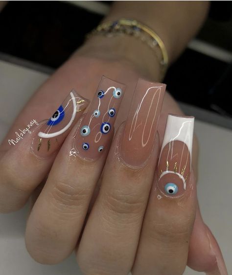 Paznokcie Hello Kitty, Evil Eye Nails, Unghie Nail Art, Nagellack Trends, Milky Nails, Acrylic Nails Coffin Pink, Evil Eyes, Long Square Acrylic Nails, Bling Acrylic Nails