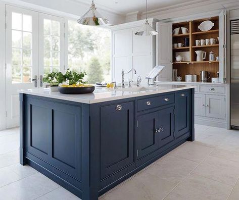 Kitchen island paint color: Hague Blue by Farrow and Ball Tile Mountain #bluekitchen Blue Kitchen Paint, Kitchen Cabinets Color Combination, Kitchen Cabinet Trends, Navy Kitchen, Best Kitchen Cabinets, Blue Kitchen Cabinets, Classic Kitchen, Blue Kitchen, Kitchen Cabinet Colors