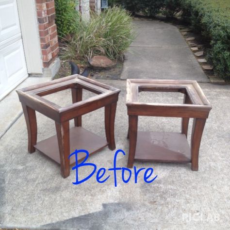 End Tables & Coffee Table Makeover - Here is a project we recently finished. These were some beat up pieces, glass inserts were gone and the legs of the coffee… Glass Coffee Table Makeover, Refurbished End Tables, Redo End Tables, Coffee Table Redo, Furniture Repurposing, Painted End Tables, Table Redo, End Table Makeover, Coffee Table Makeover