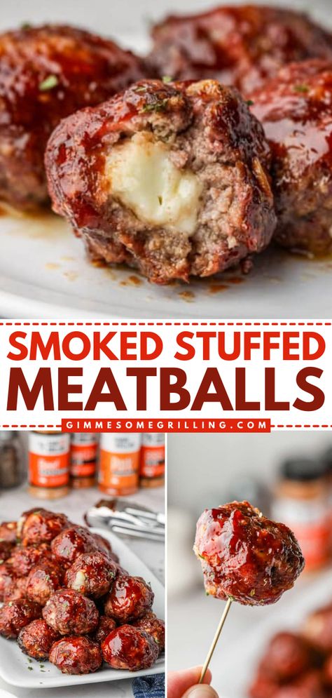 These Smoked Stuffed Meatballs are the best dinner idea for the family! These homemade meatballs are stuffed with mozzarella cheese, smoked on the pellet grill, and finished with BBQ sauce. What an easy recipe for dinner! Smoker Recipes With Ground Beef, Smoker Recipes Snacks, Smoked Bacon Wrapped Meatballs, Smoker Football Food, Put Boss Recipes, Traeger Smoked Meatballs, Easy Traeger Dinners, Smoked Meat Recipes Ideas, Turkey In A Smoker