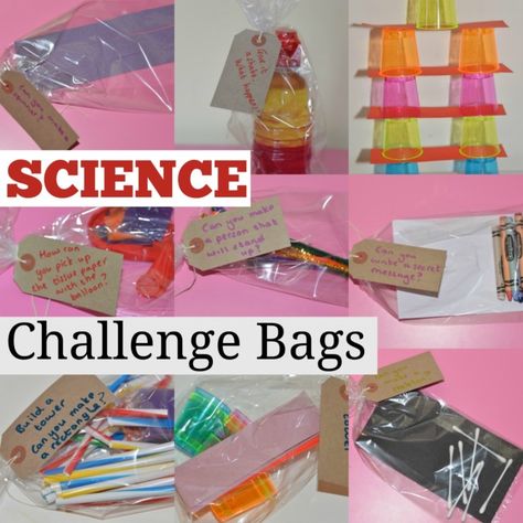 Science challenge bags! Great for STEM centers or science stations. Ks2 Science, Stem Centers, Science Stations, Stem Classes, Science Week, Primary Science, Science Club, Science Activities For Kids, Kindergarten Science