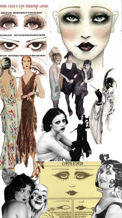 1920s Makeup Illustration, 1930s Eyebrows, 1920s Eyes, Cluedo Costume, Roaring 20s Makeup, Roaring 20s Aesthetic, 1920s Beauty, Flapper Makeup, 1920s Hollywood