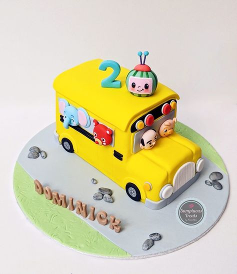 Bus Cakes For Boys, Wheels On The Bus Cake Ideas, Cocomelon Cake Ideas For Boy, Second Birthday Cake Boy, Cocomelon Bus Cake, Bus Cake Ideas, Cocomelon Birthday Cake Boy, Bus Theme Cake, Cocomelon Smash Cake