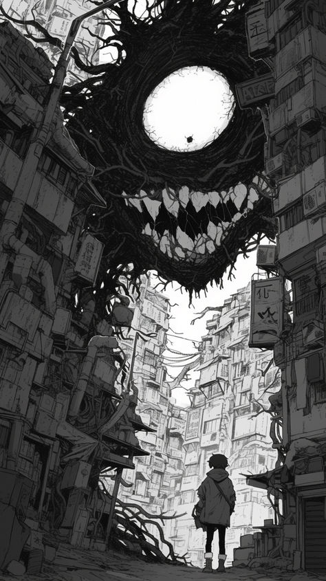 Creepy Perspective Drawing, Insane Manga Panels, Huge Monster, Creepy Sketches, Monster Manga, Human Anatomy Reference, Spooky World, Ink Pen Art, Naive Illustration