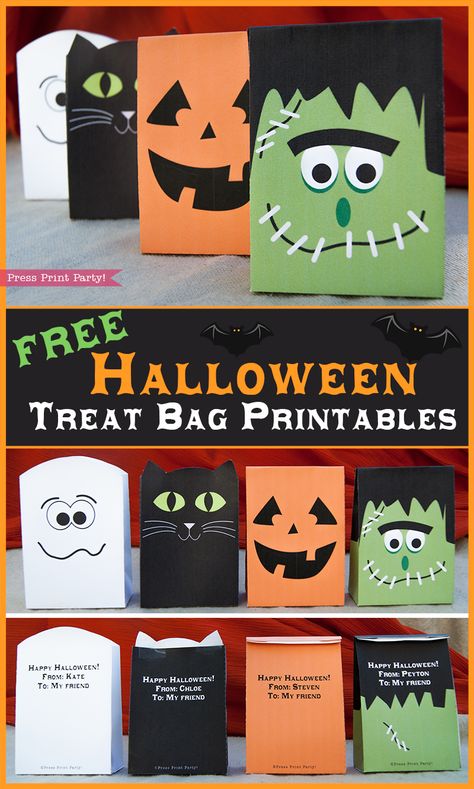 Free Halloween printable treat bags by Press Print Party! Halloween Daycare Treats Goody Bags, Bhg Halloween, Kids Halloween Party Treats, Halloween Goodie Bag Ideas, Popcorn Halloween, Keto Halloween, Marshmallow Halloween, Halloween Paper Bags, Halloween Treat Bags Diy