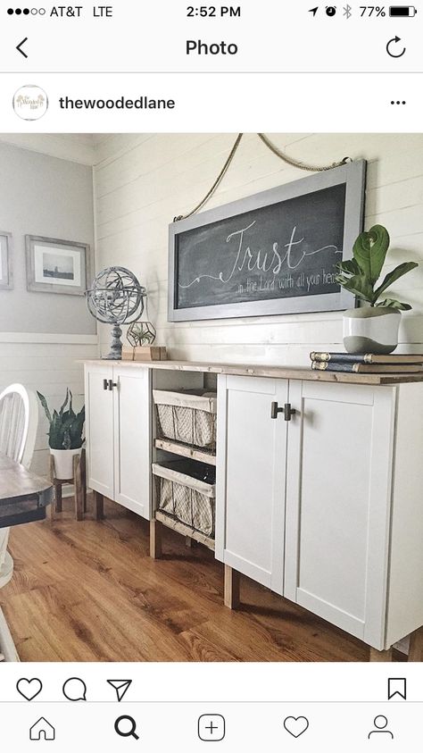 Built buffet with two stock cabinets from Lowes. Added wooden legs for height. Then added wood top and a couple shelves in the middle to bring it all together. Diy Buffet, Diy Sideboard, Stock Cabinets, Kitchen Buffet, Modern Laundry Rooms, Dining Room Buffet, Bar Cart Decor, New Kitchen, Kitchen Dining Room