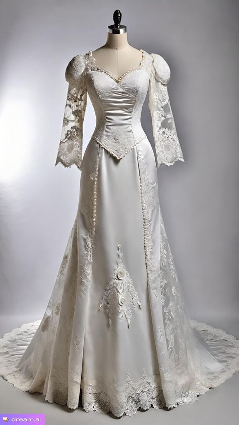 20th Century Wedding Dress, Trad Wedding Dress, 1890 Wedding Dress, Slavic Wedding Dress, Wedding Dress Bridgerton, Vintage Dresses Aesthetic, White Victorian Dress, Steampunk Wedding Dress, Opera Dress