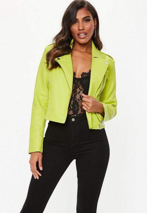 Neon Green Faux Leather Biker Jacket Outfits With Jackets, Winter Street Styles, Winter Street Style, Best Winter Coats, Winter Street, Faux Leather Biker Jacket, Vegan Leather Jacket, Style Inspiration Winter, Street Style Winter