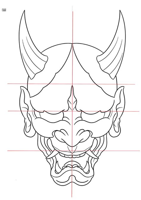 How To Draw Oni Mask, Japanese Samurai Mask Tattoo Design, Kabuki Mask Drawing, Hanna Mask Tattoo, Oni Mask Sketch, Samurai Mask Drawing, Japanese Mask Drawing, Hannya Mask Drawing, Hannya Mask Art