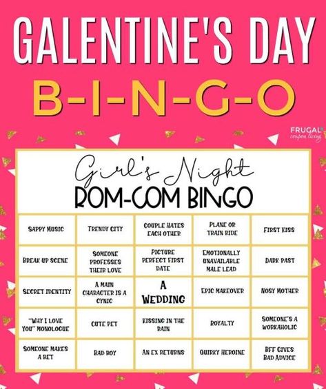 Galentine's Day Bingo - perfect for a Girl's Night. This Rom Com bingo game has everything a Romantic Comedy holds. Happy Valentines' Day or Cynical Schmalentine’s Day! Galentine's Day Ideas for your Girls' Valentine's Day celebration on February 13th! Best Friend Forever BFF Ideas for Ladies Night, Brunch, Slumber Parties, Bachelorette and more! #FrugalCouponLiving #galentines #galentinesday #valentine #valentines #valentinesday #happyvalentinesday #girlsnightout #girlsnight #ladiesnight #ladie Romcom Bachelorette Party, Movie Night Bachelorette Party, Bachelorette Movie Night, Rom Com Party, Bachelorette Movie, Bachelorette Party Ideas Girl Night, Bff Ideas, Galentines Day Ideas, Hen Night Ideas