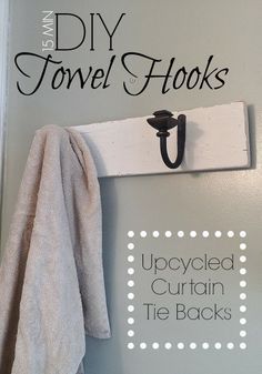 Two It Yourself: DIY Towel Hooks from Old Curtain Tie Backs (15 Minute Project) Towel Hook Ideas, Diy Towel Hooks, Diy Wall Hooks, Hook Ideas, Diy Towel Rack, Diy Hooks, Primitive Bathrooms, Diy Towels, Diy Bathroom Storage