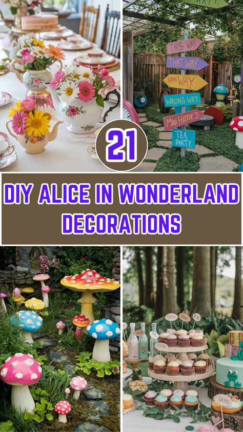 21 DIY Alice in Wonderland Decorations – The DIY Desire Alice Wonderland Centerpieces, Outside Tea Party Decor, Alice In Wonderland Party Decor Diy, Alice In Wonderland Tea Party Diy, Mad Hatter Decor, Alice In Onederland Party Ideas, Alice In Wonderland Theme Party Decorations, Alice In Wonderland Inspired Food, Wonderland Garden