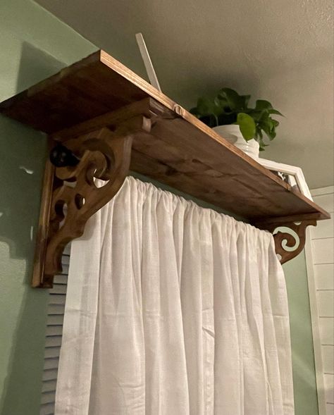 An easy DIY project to help create a unique look for your window Curtain Shelf Ideas, Curtain Rod With Shelf, Shelves Above Windows, Diy Window Shelf, Window Shelf, Awesome Woodworking Ideas, Diy Window Treatments, Window Shelves, Diy Window