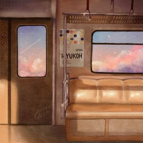 Inst: glitchinch Drawing of train, procreate drawing, digital drawing Inside Train Illustration, Inside Train Drawing, Drawing Of Train, Train Sketch, Train Artwork, Aesthetic Train, Bus Drawing, Sleeping Drawing, Train Illustration