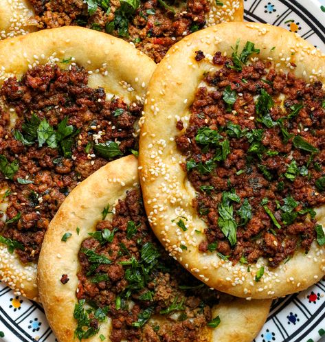 Middle Eastern Lamb Flatbread – Fig & Olive Platter Lamb Flatbread, Middle Eastern Lamb, Olive Platter, Lamb Pie, Homemade Flatbread, Baking Stone, Ground Lamb, Flatbread Recipes, Toasted Pine Nuts