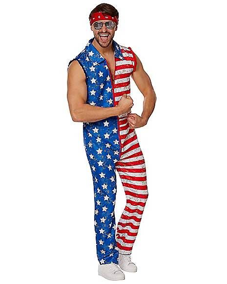 Adult Stars and Stripes Jumpsuit Costume - Spirithalloween.com Usa Costume, Patriotic Costumes, Jumpsuit Costume, Colorful Jumpsuit, Funny Costumes, 4th Of July Celebration, Costume Themes, Usa Dresses, Striped Jumpsuit