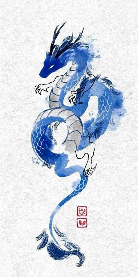 Blue Dragon Tattoo Design, Blue Dragon Painting, Lung Dragon Art, Japanese Tattoo Art Draw, Two Dragon Tattoo, Dragon Anime Art, Dragon Art Wallpaper, Chinese Back Tattoo, Genshin Tattoo