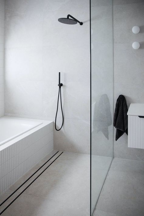 Small Bathroom Separate Shower And Bath Layout, Shower And Bath Wet Room, Wet Room Small Space, Bathroom Tiles Small Space, Bath And Shower In One, Bath In Wet Room, Matte White Bathroom Tiles, Small Bath And Shower Ideas, Wetroom With Bath