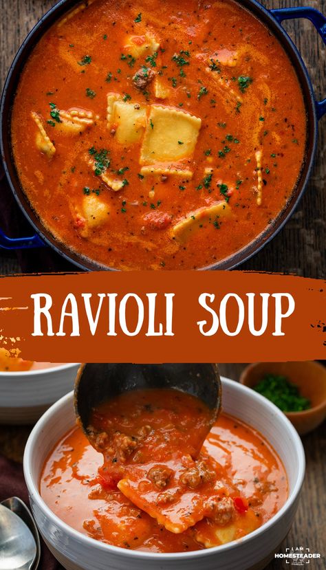 Creamy Tomato Ravioli Soup, Tomato Ravioli Soup, Pasta Sauce Soup, Marinara Dinner Recipes, Best Ravioli Recipe, Italian Pasta Soup, Beef Ravioli Soup, Sausage Ravioli Soup, Italian Sausage Ravioli Recipe