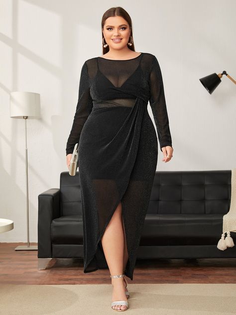 SHEIN Plus Wrap Ruched Sheer Mesh Glitter Dress Sheer Top Outfit Night, Sheer Dresses Outfit, Dresses Plus Size Special Occasions, Plus Size Gala Dress, Plus Size Dresses For Party, Plus Size Short Dresses, Black Plus Size Dress, Birthday Dress 21st, Stylish Plus Size Clothing