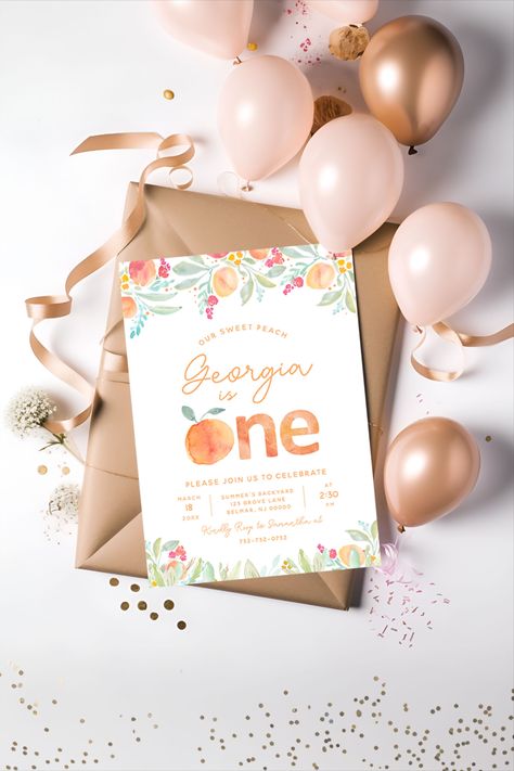 🍑 Celebrate your little one's first birthday with the sweetest peach-themed invitation! 🎉 Customize all the details to make it uniquely yours and set the perfect tone for a memorable celebration. Invite friends and family to join in the fun and make your child's special day as sweet as a peach! #SweetPeach #PeachFirstBirthday #PeachBirthdayInvitation 🎂🌟 One Sweet Peach Birthday, Peach 1st Birthday, One Sweet Peach, Peach Birthday, Sweet As A Peach, Summer Backyard, 1st Birthday Invitation, Purple Unicorn, Sweet Peach