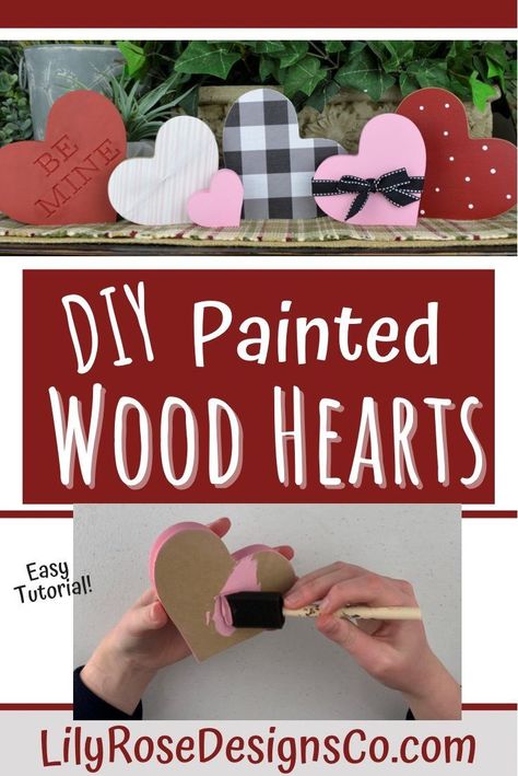 DIY Painted Wood Heart - A Tutorial that is Easy To Follow and Fun! Get your Wood Hearts from LilyRoseDesignsCo.com. Many different sizes and designs to choose from. Visit LilyRoseDesignsCo today. Wood Heart Crafts Diy, Diy Wooden Hearts Ideas, Wooden Valentines Ideas, Wood Hearts Diy, Valentine Wood Crafts Diy, Wood Hearts Diy Ideas, Diy Wood Valentines Decorations, Valentines Day Wood Crafts, Wooden Heart Crafts